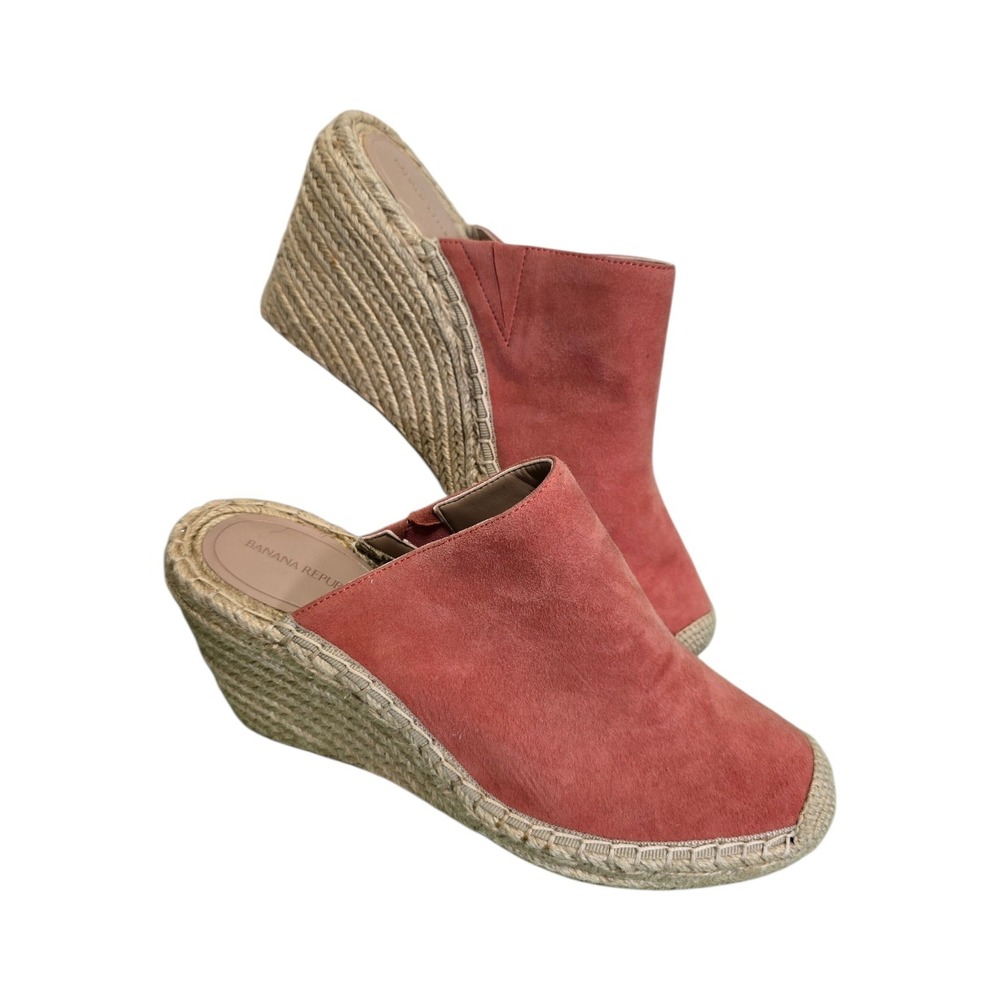 Banana Republic Wedge Mules Womens 10.5 Coral Pink Suede Espadrille Resortwear
